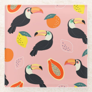 Toucan with Abstract Tropical Fruits Glass Coaster