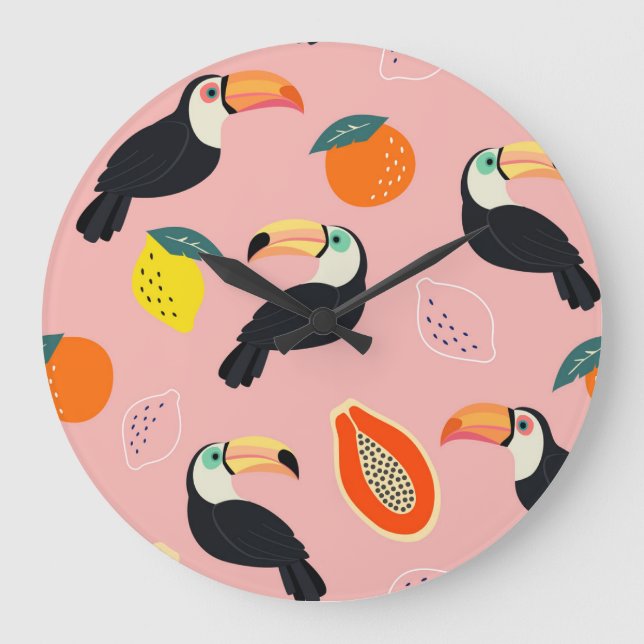Toucan with Abstract Tropical Fruits Large Clock (Front)