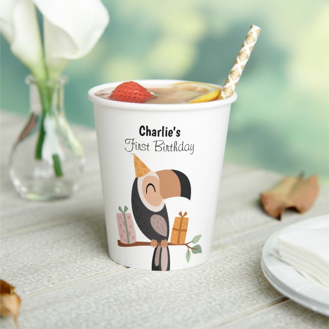 Toucan with party hat, birthday paper cups (Insitu)