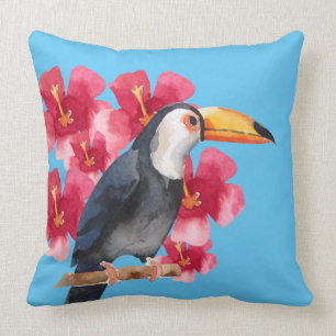 Toucan with Red Tropical Flowers Cushion