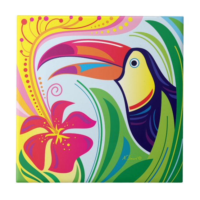 Toucan with Tropical Flower Ceramic Tile (Front)