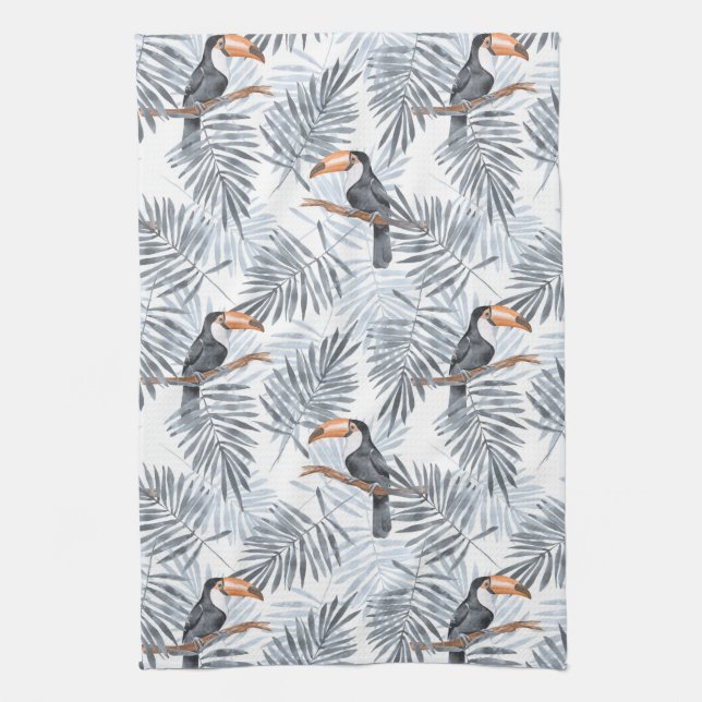 Toucanes and palm leaves. Grey Tea Towel (Vertical)