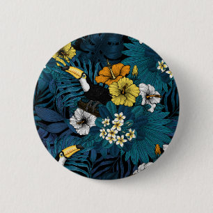 Toucans and tropical flora, blue , yellow , orange 6 cm round badge