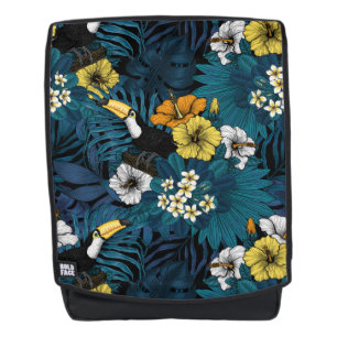 Toucans and tropical flora, blue , yellow , orange backpack