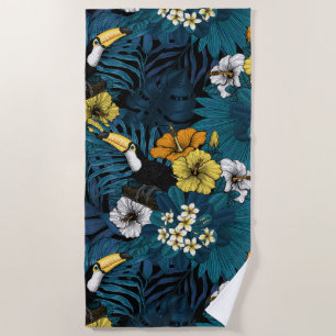 Toucans and tropical flora, blue , yellow , orange beach towel