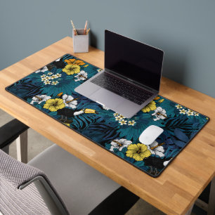 Toucans and tropical flora, blue , yellow , orange desk mat