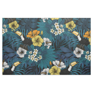 Toucans and tropical flora, blue , yellow , orange fabric