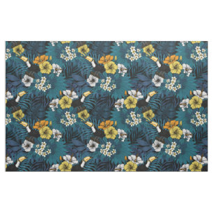Toucans and tropical flora, blue , yellow , orange fabric