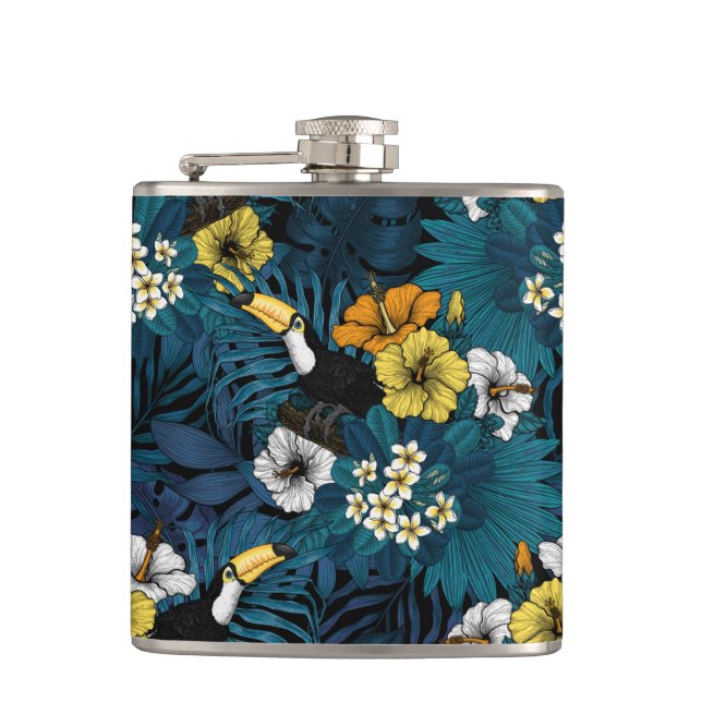 Toucans and tropical flora, blue , yellow , orange hip flask (Front)