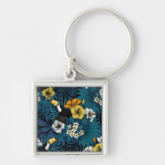 Toucans and tropical flora, blue , yellow , orange key ring (Front)