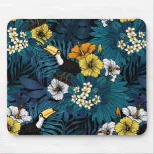 Toucans and tropical flora, blue , yellow , orange mouse pad