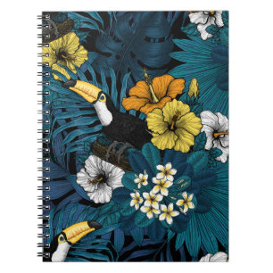 Toucans and tropical flora, blue , yellow , orange notebook