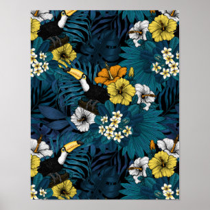 Toucans and tropical flora, blue , yellow , orange poster