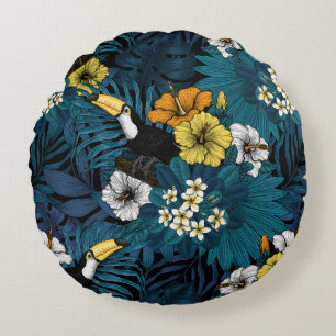 Toucans and tropical flora, blue , yellow , orange round cushion