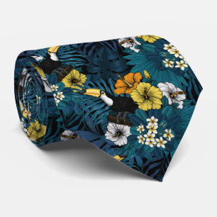 Toucans and tropical flora, blue , yellow , orange tie