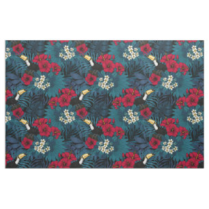 Toucans and tropical flora, green and red fabric