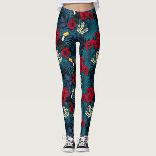 Toucans and tropical flora, green and red leggings