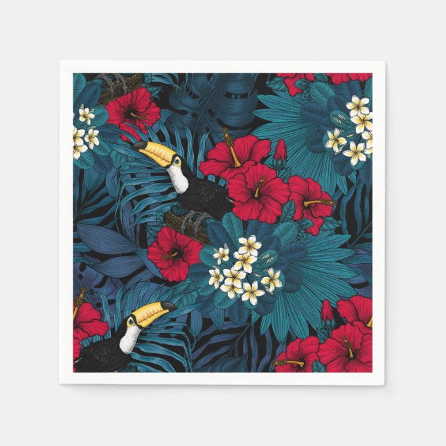 Toucans and tropical flora, green and red napkin (Front)