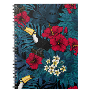 Toucans and tropical flora, green and red notebook