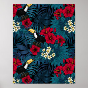 Toucans and tropical flora, green and red poster