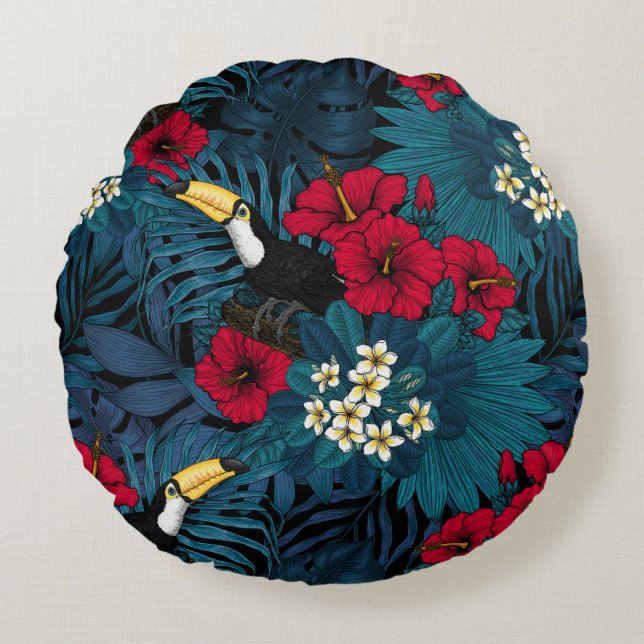 Toucans and tropical flora, green and red round cushion (Front)
