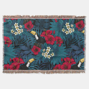 Toucans and tropical flora, green and red throw blanket