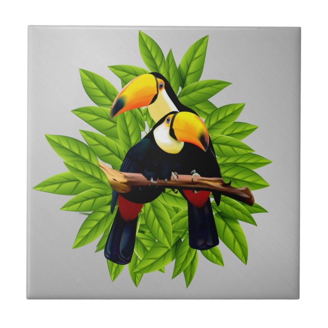 Toucans Exotic Birds on Silver Ceramic Tile (Front)