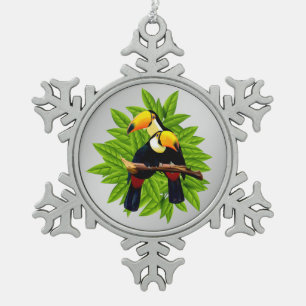 Toucans Exotic Birds on Silver Snowflake Pewter Christmas Ornament