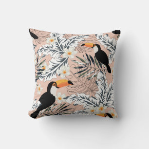 Toucans, graphic palm leaves, plumeria flowers, pa cushion