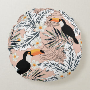 Toucans, graphic palm leaves, plumeria flowers, pa round cushion