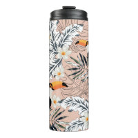 Toucans, graphic palm leaves, plumeria flowers, pa
