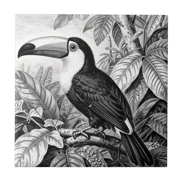 Toucans Jungle Foliage Engraving Ceramic Tile (Front)