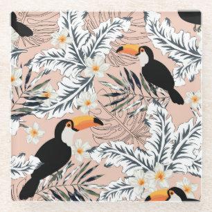Toucans, Palms, Plumeria: Pink Tropical. Glass Coaster