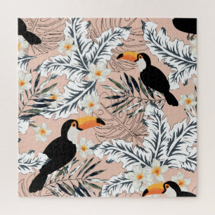 Toucans, Palms, Plumeria: Pink Tropical. Jigsaw Puzzle