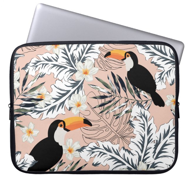 Toucans, Palms, Plumeria: Pink Tropical. Laptop Sleeve (Front)