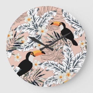 Toucans, Palms, Plumeria: Pink Tropical. Large Clock