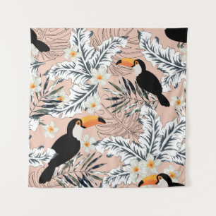 Toucans, Palms, Plumeria: Pink Tropical. Tapestry