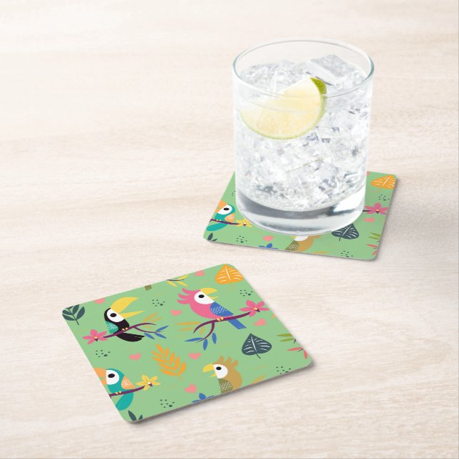 Toucans & Parrotts Square Paper Coaster (Insitu)