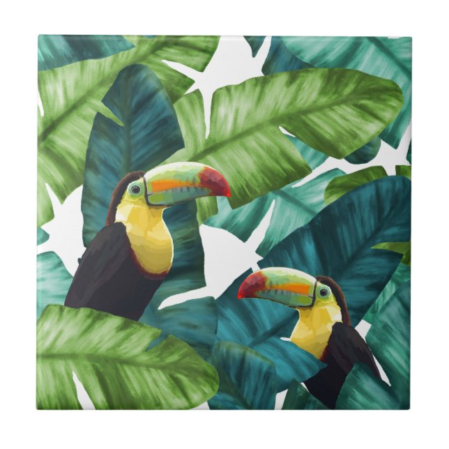 Toucans Tropical Banana Leaves Pattern Tile (Front)