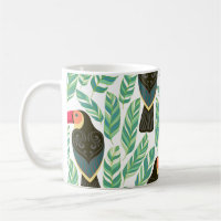 Toucans, tropical leaves, decorative pattern.