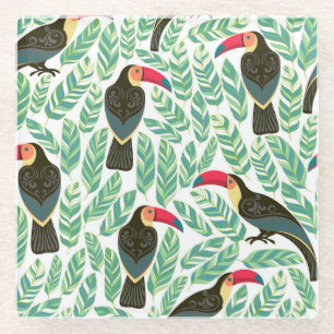 Toucans, tropical leaves, decorative pattern. glass coaster