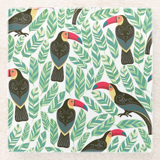 Toucans, tropical leaves, decorative pattern. glass coaster (Front)