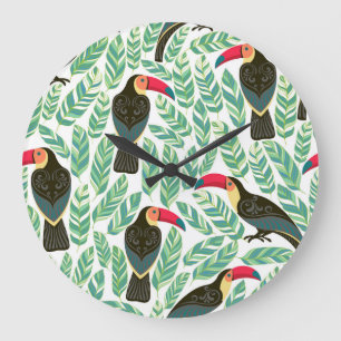 Toucans, tropical leaves, decorative pattern. large clock