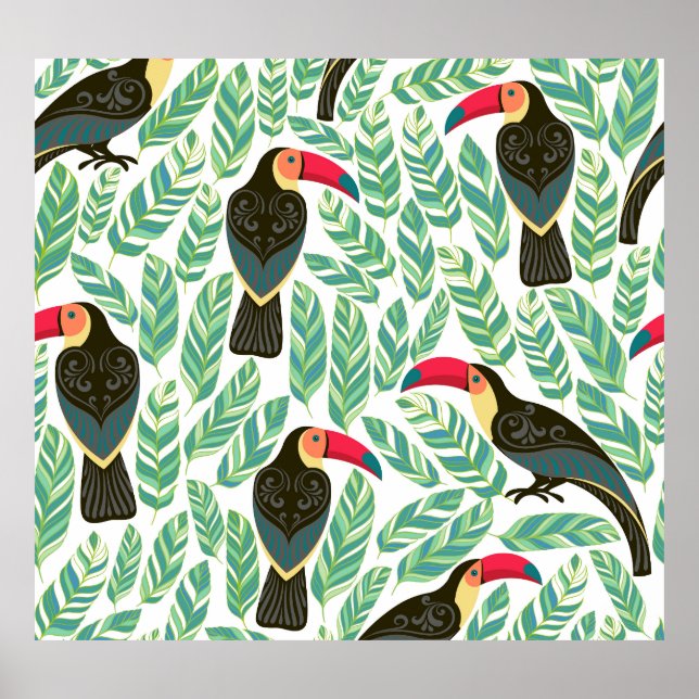 Toucans, tropical leaves, decorative pattern. poster (Front)