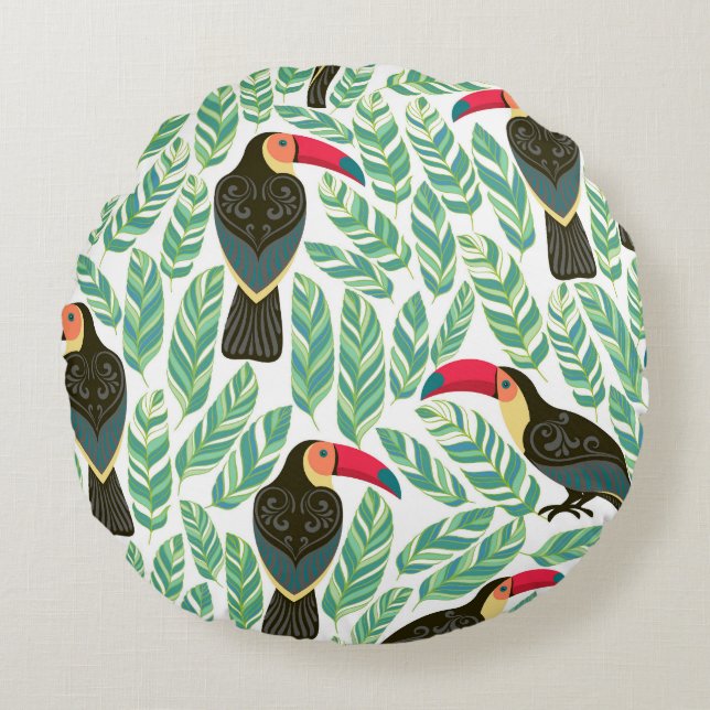 Toucans, tropical leaves, decorative pattern. round cushion (Front)