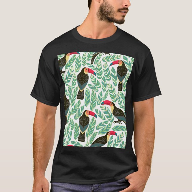 Toucans, tropical leaves, decorative pattern. T-Shirt (Front)