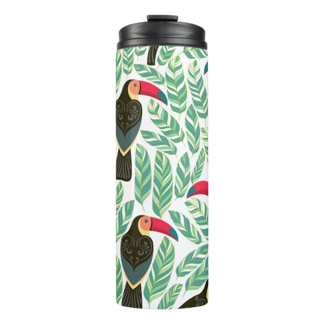Toucans, tropical leaves, decorative pattern. thermal tumbler (Front)