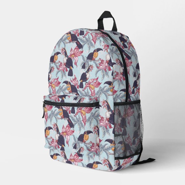 Toucans With Exotic Flowers Printed Backpack (Back Corner Right)