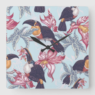 Toucans With Exotic Flowers Square Wall Clock