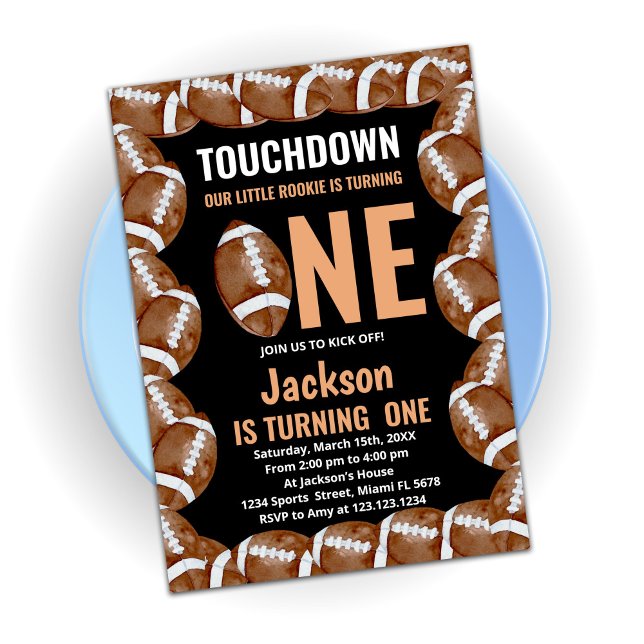 Touch Down One Black Football Birthday Invitations (Creator Uploaded)